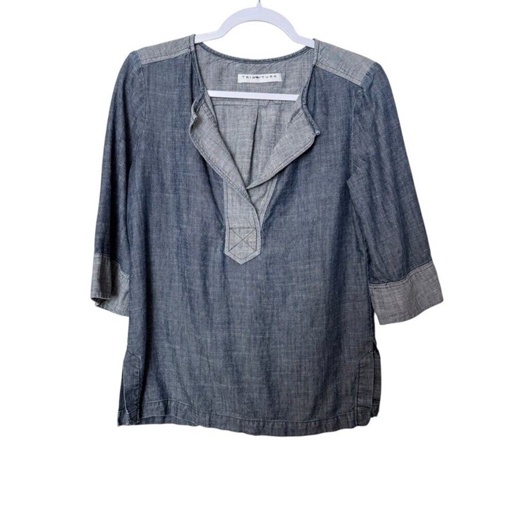 Trina Turk 3/4 Sleeve Blouse Women's Size M Chambray‎ Blue Denim Style Festival